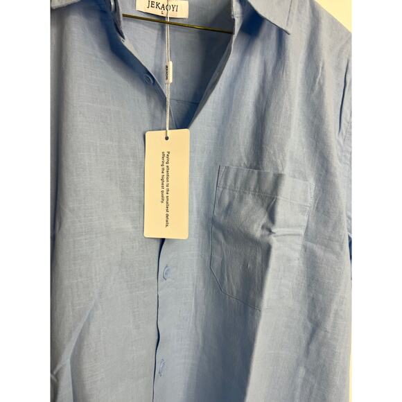 JEKAOYI Linen Blend Short Sleeve Button Down Pocket Shirt Men's Large Blue - Picture 5 of 8